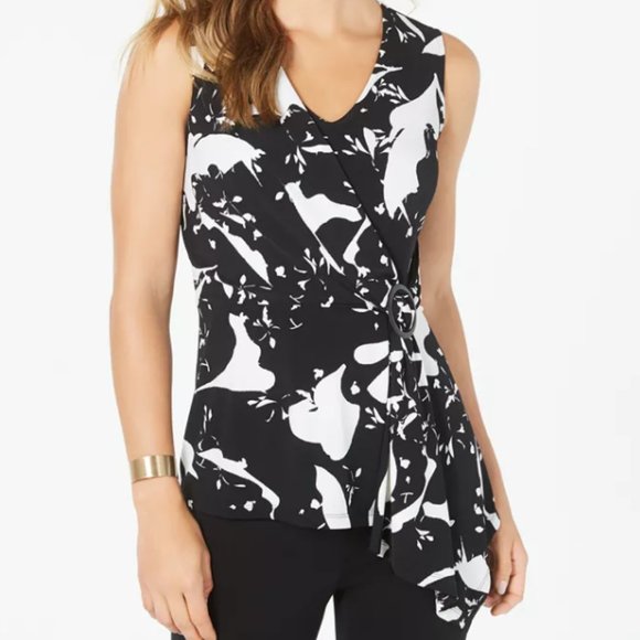 Alfani Tops - Alfani Sleeveless Draped Black & White Floral Petal Hardware Top Size XL